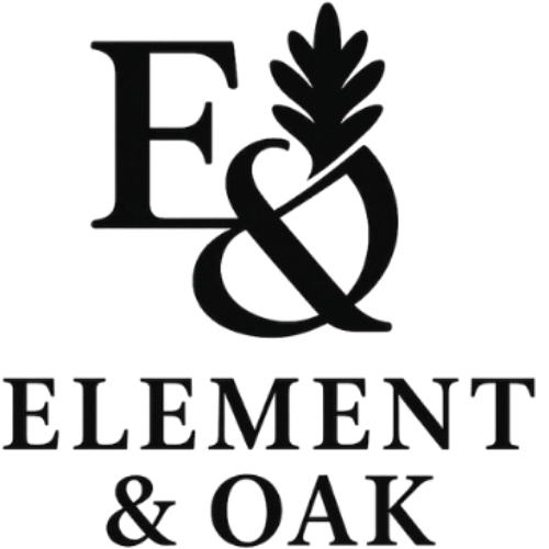 Element & Oak logo featuring a minimalist monogram with an oak leaf emblem.