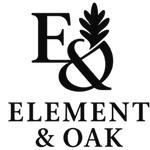 Element & Oak logo featuring a minimalist monogram with an oak leaf emblem.
